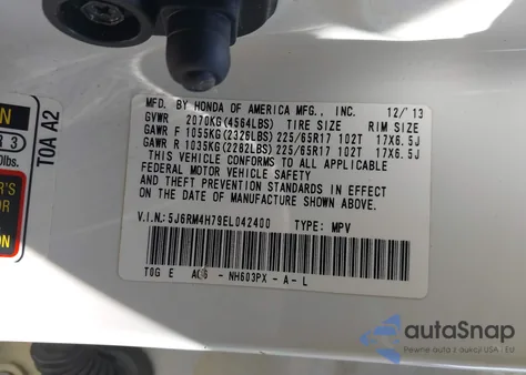 2014 Honda Cr-V Ex-L from USA, damaged, VIN 5J6RM4H79EL042400